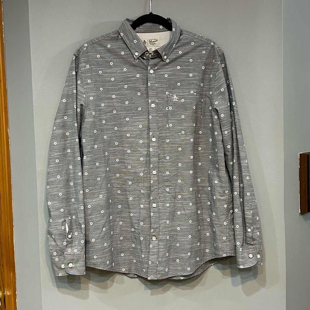 Penguin gray white flower pinstripe‎ button down shirt size L